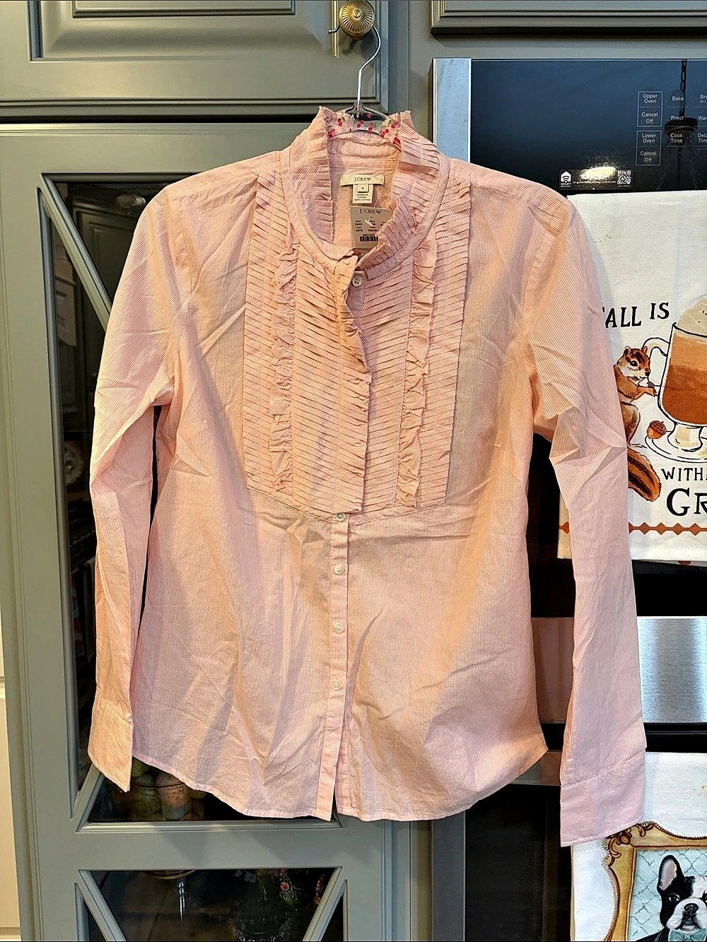 J.Crew Vintage Cotton Tuxedo Striped Ruffle Blouse in Pink Size 4 NWT
